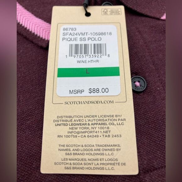NWT Scotch & Soda Amsterdam Men’s Pique Wine Polo Shirt L - Picture 9 of 9
